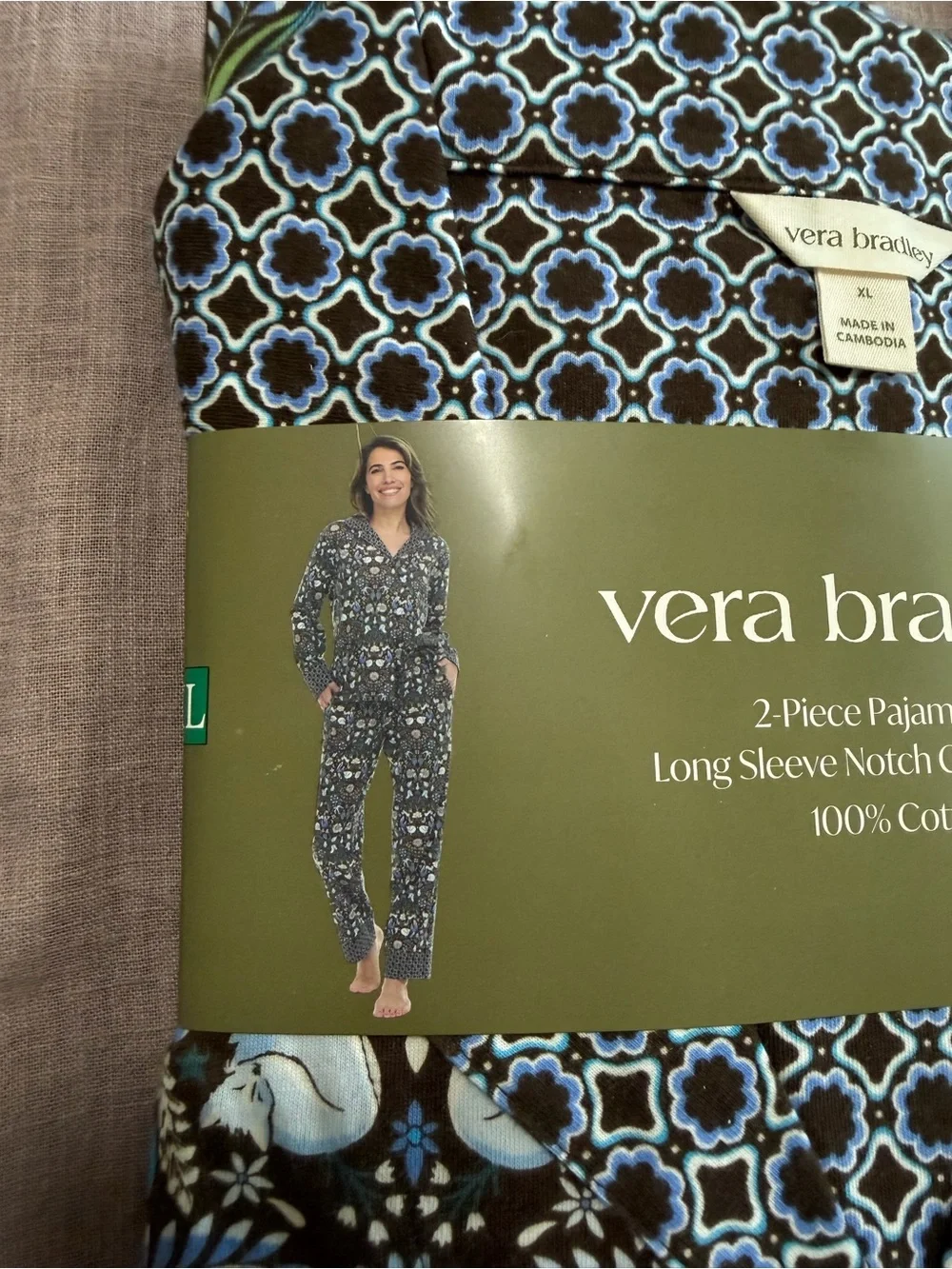 NWT Vera Bradley 2-Piece Pajama Set Blue Black Floral Size XL 100% Cotton Lounge - Picture 3 of 7
